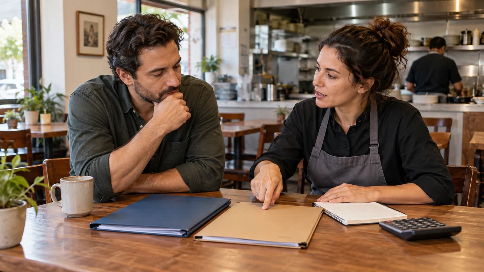 İki girişimci restoran masasında farklı işletme planlarını ve bütçe notlarını karşılaştırıyor.
